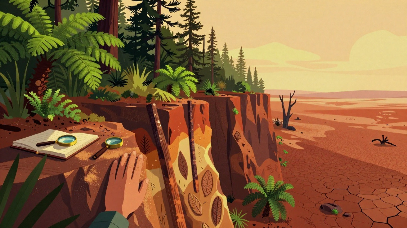 Ilustração de uma transição entre floresta densa e terra árida com fósseis e ferramentas de escavação na borda.
