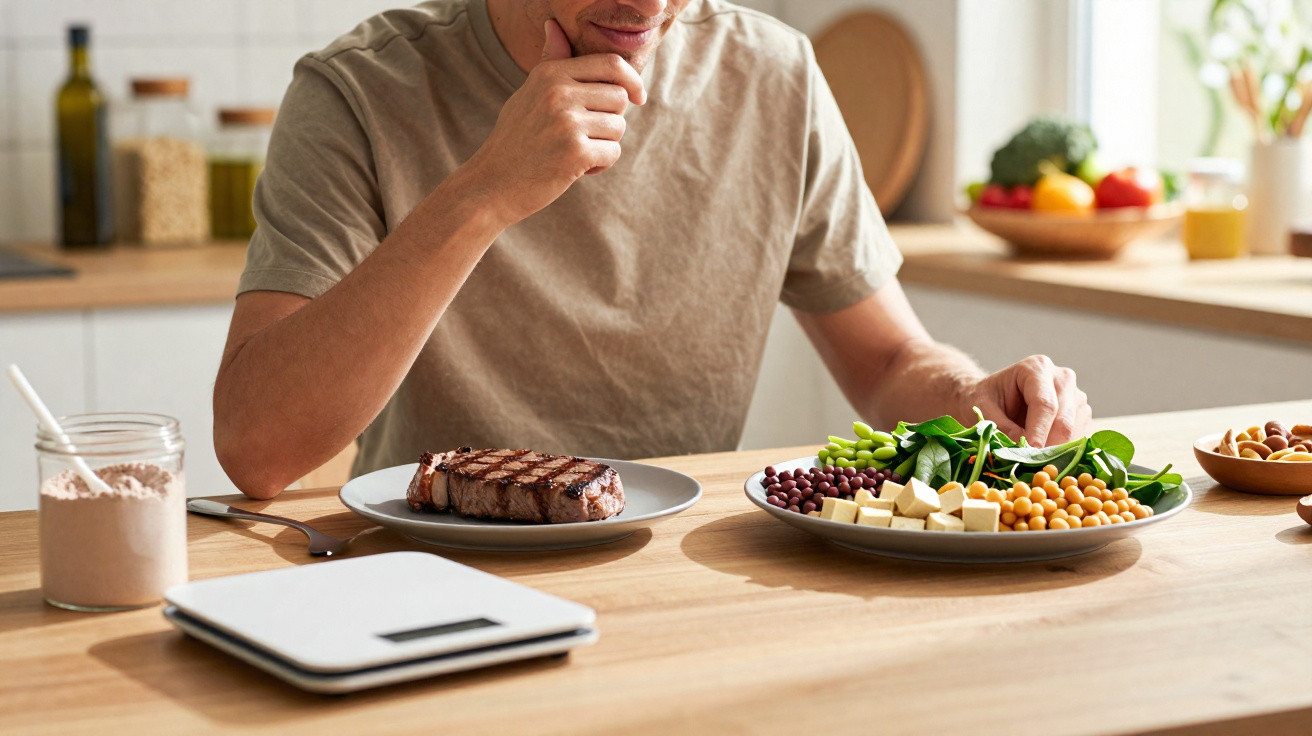 Homem sentado à mesa com prato de carne e prato com legumes, grãos e queijos, planejando refeição saudável.