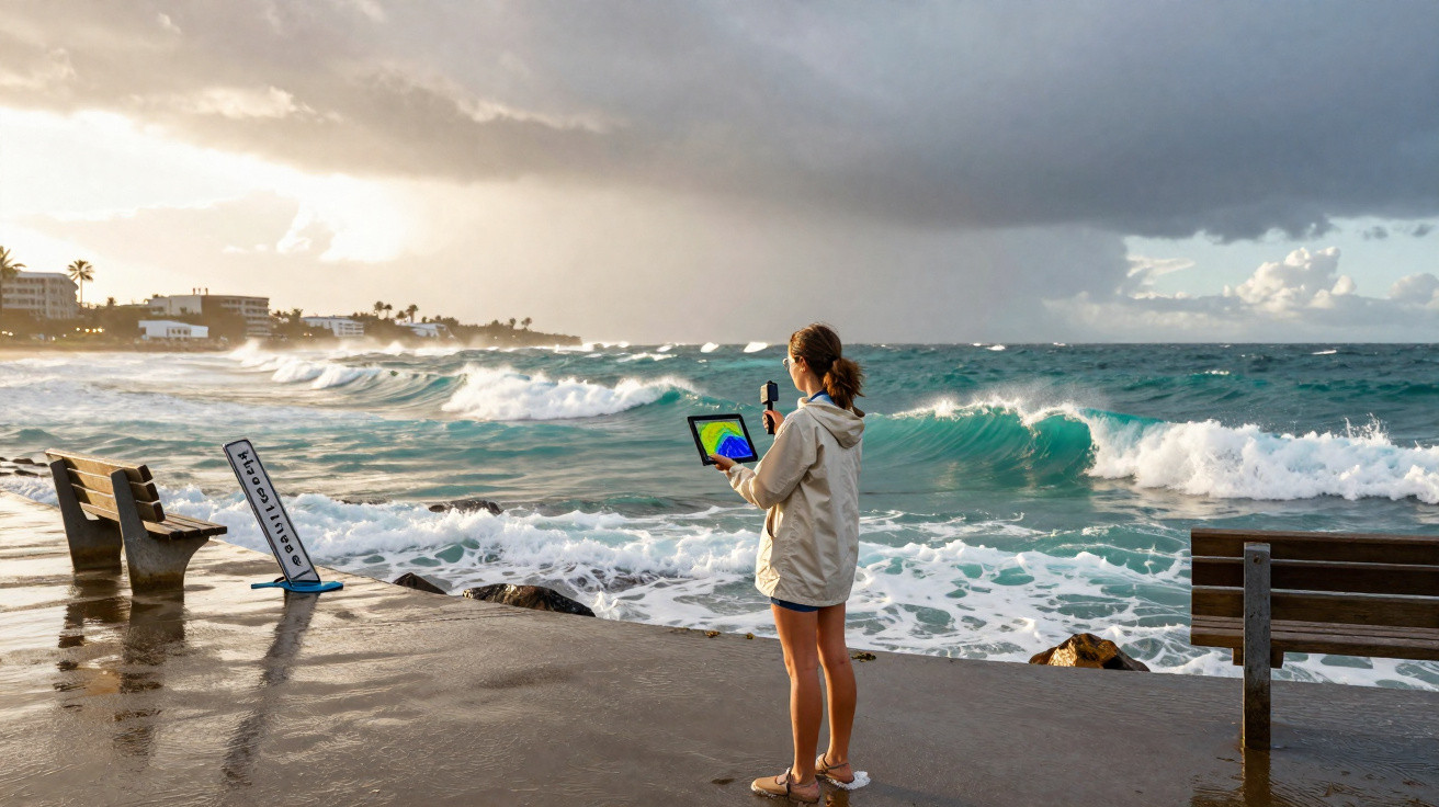 Mulher com tablet e celular observa ondas grandes e céu nublado em calçadão à beira-mar com bancos e placas.