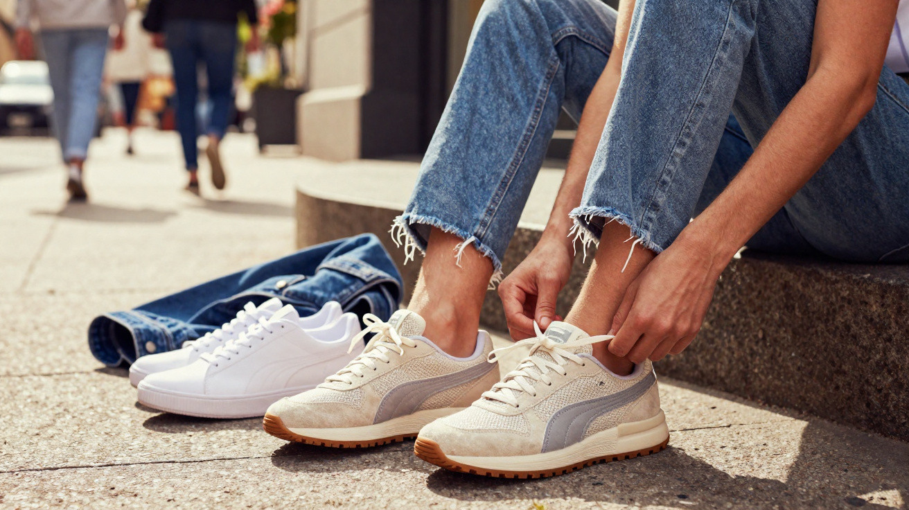 Pessoa sentada amarrando cadarço do tênis bege com detalhe cinza na rua, ao lado tênis branco e jaqueta jeans.