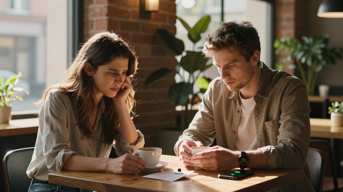 Casal sério conversando em cafeteria com xícaras de café sobre mesa de madeira, luz natural.