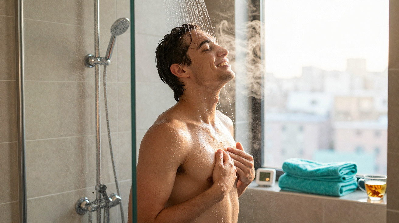 Homem tomando banho quente em banheiro iluminado, com vapor e toalhas dobradas ao fundo.
