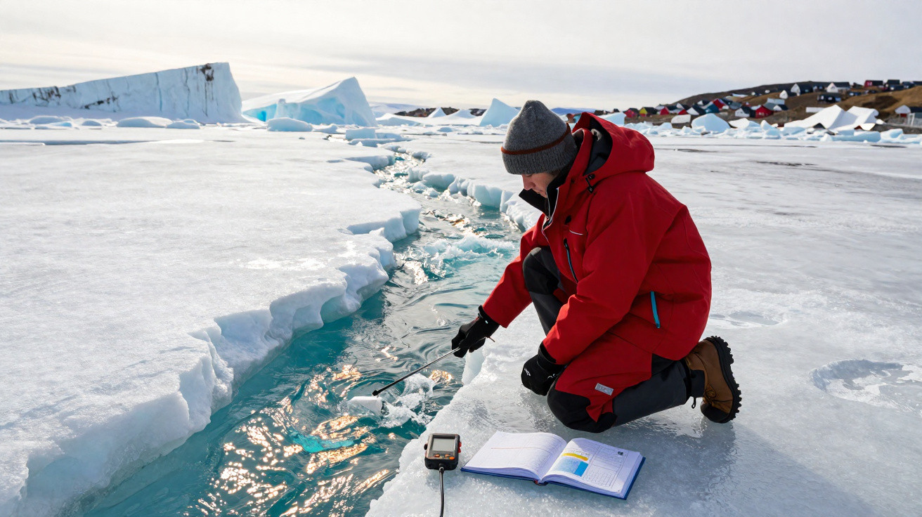 Pesquisador com roupa vermelha coleta amostra de água em gelo derretido na região polar.