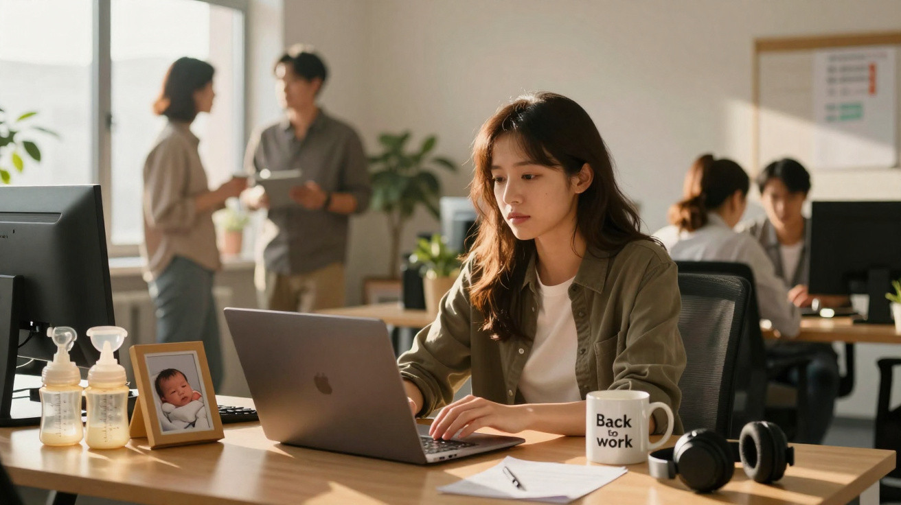 Mulher concentrada trabalhando no laptop em escritório com foto de bebê, mamadeiras e caneca "Back to work".