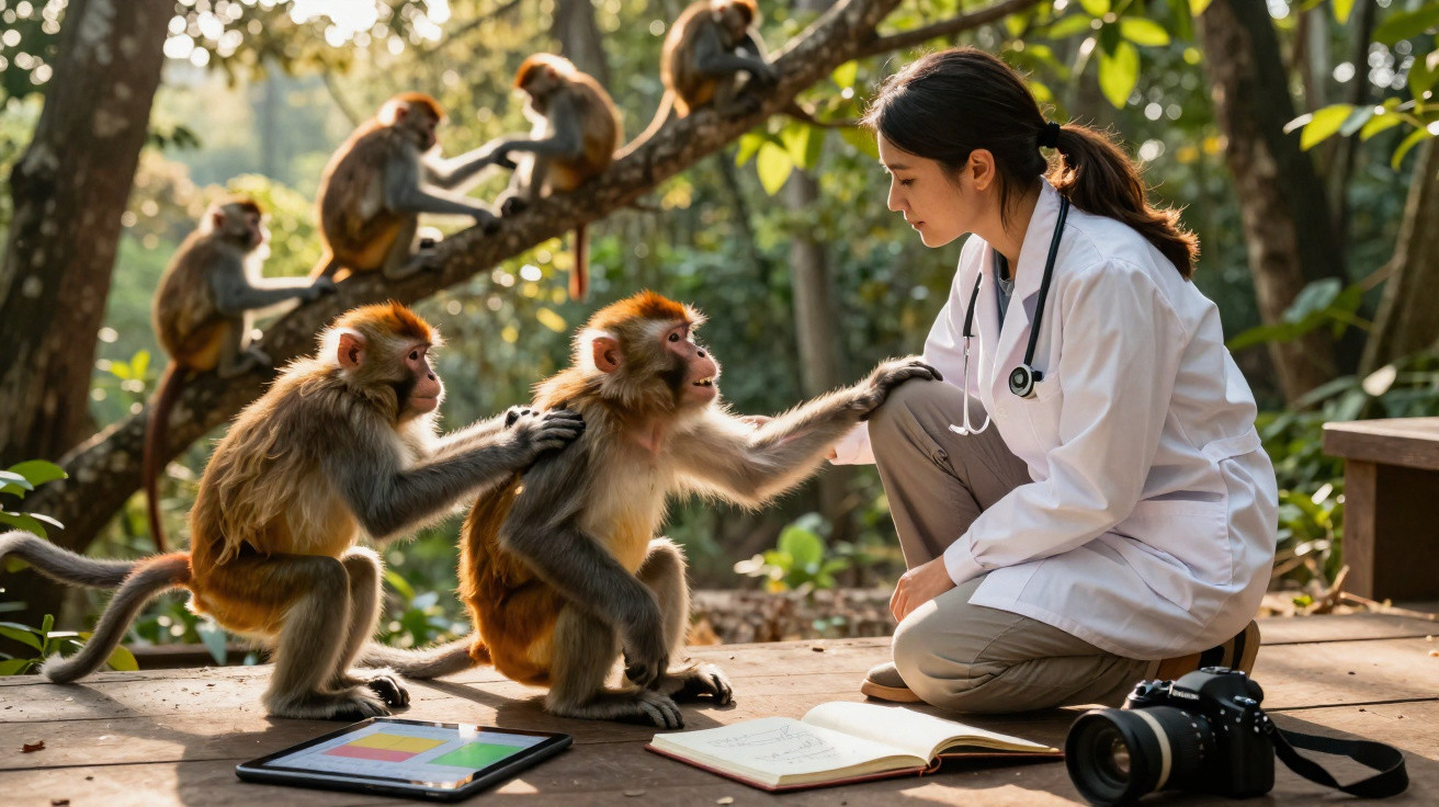 Veterinária interage com macacos em área ao ar livre com câmera, caderno e tablet ao redor.