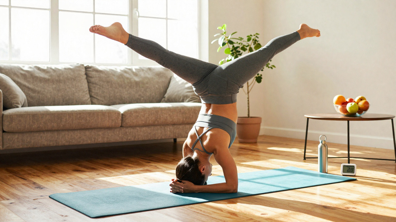 Mulher praticando yoga fazendo equilíbrio invertido com as pernas abertas em tapete azul na sala iluminada.
