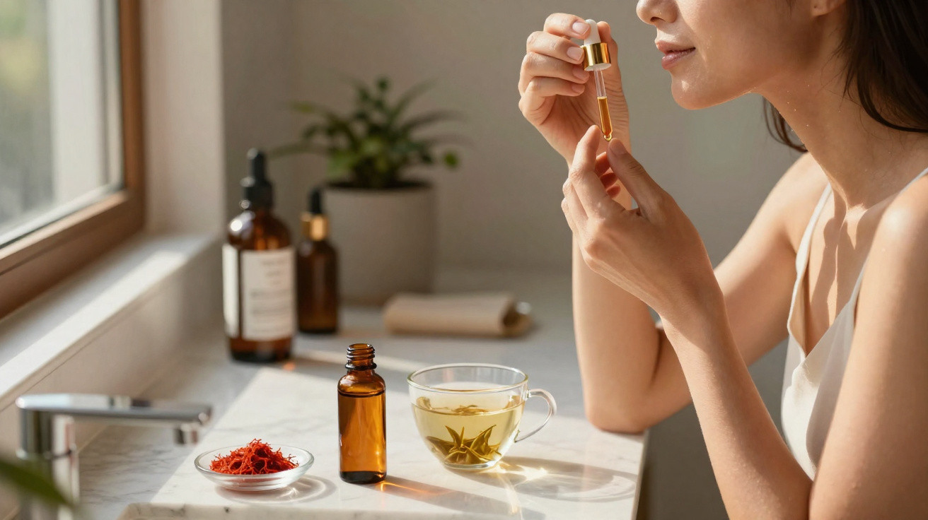 Mulher aplicando sérum facial com conta-gotas em ambiente iluminado natural.