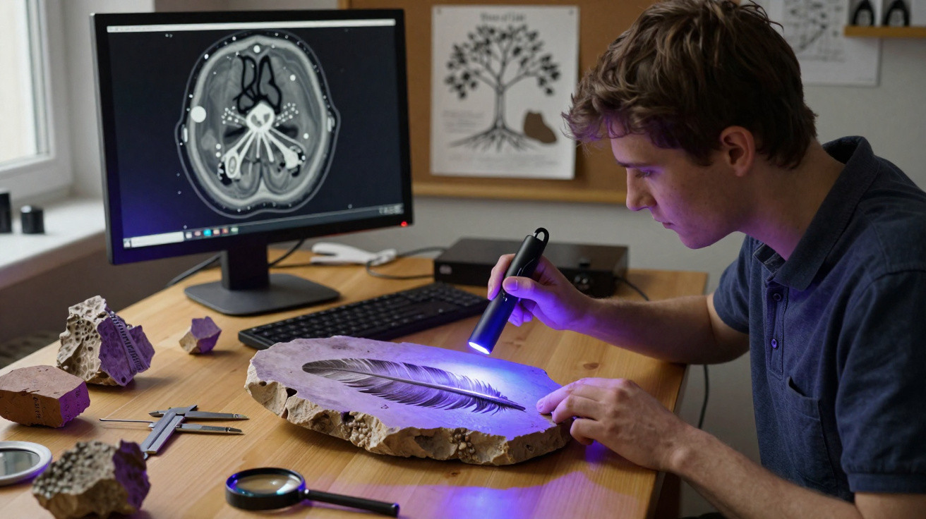 Homem usando lanterna ultravioleta para examinar fóssil de pena em laboratório com imagem de crânio no computador.