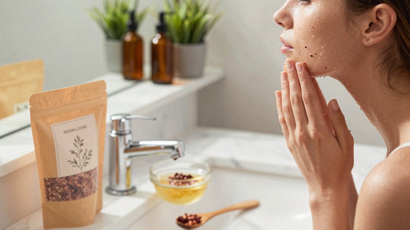 Mulher aplicando esfoliante facial no rosto em banheiro com produtos naturais ao fundo.