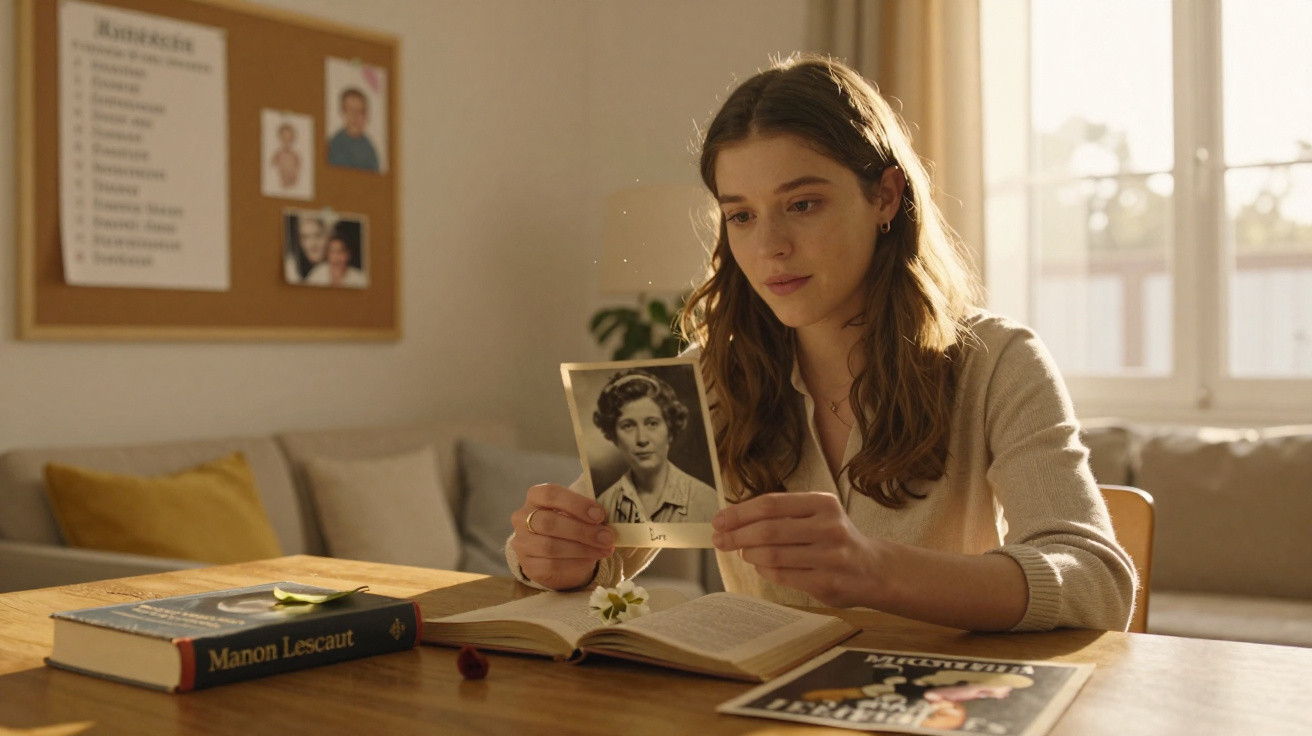 Jovem sentada à mesa lê foto antiga enquanto livros e flores estão sobre a mesa iluminada pela luz do sol.