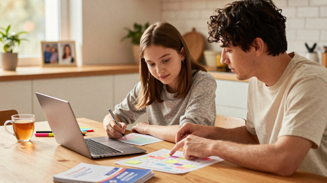 Jovem ajudando adolescente com estudo em casa usando laptop e agenda colorida sobre mesa de madeira.