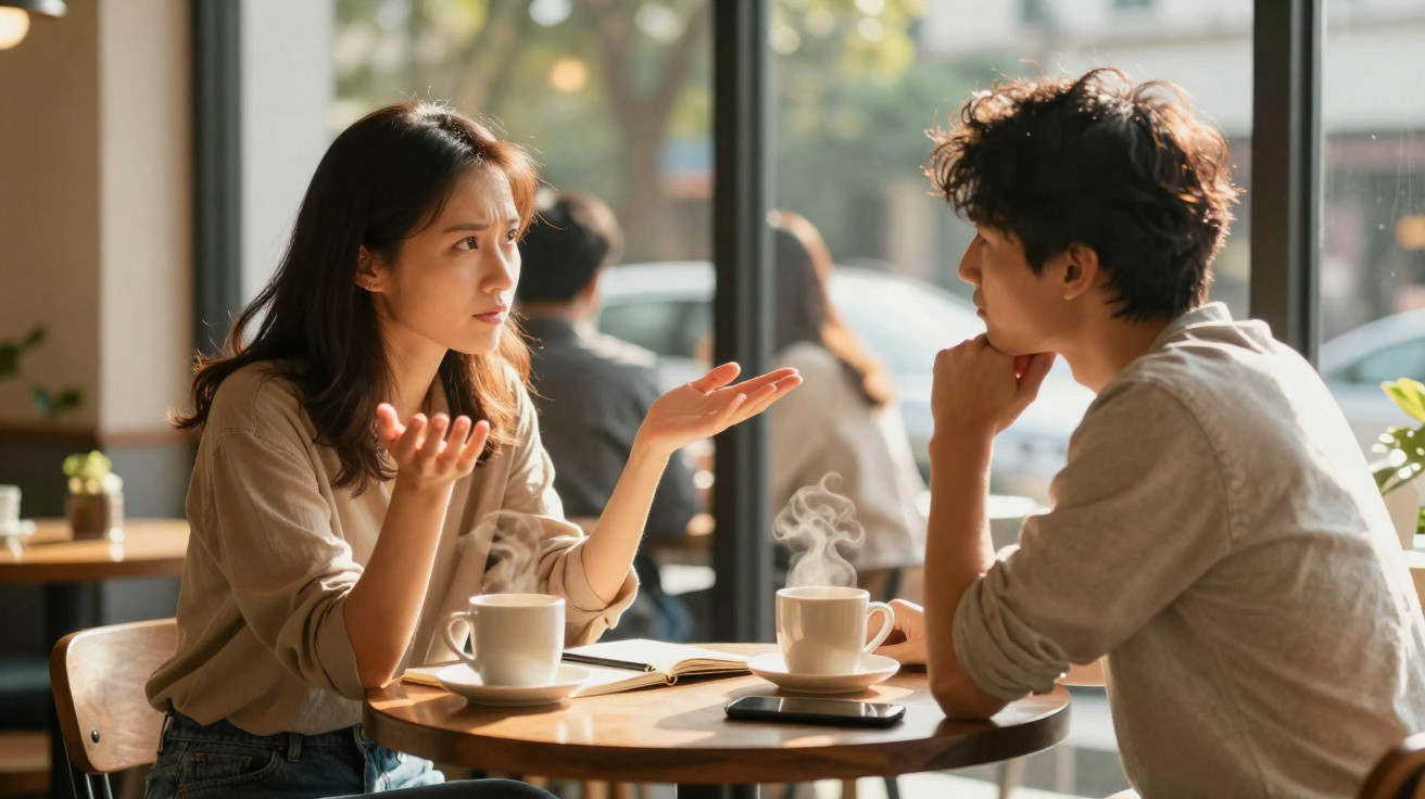 Casal jovem conversando intensamente em cafeteria com xícaras de café na mesa.