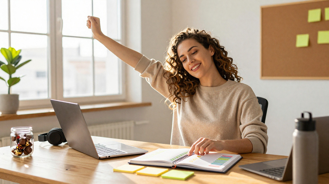 Mulher sentada em mesa de escritório, sorrindo e espreguiçando-se enquanto olha para agenda.