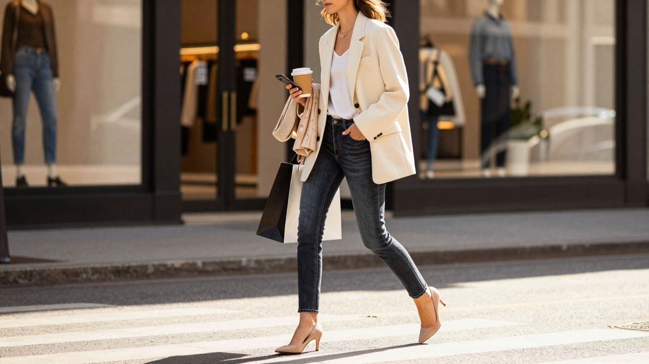 Mulher vestindo blazer branco, calça jeans e salto alto andando na faixa de pedestres segurando café e celular.