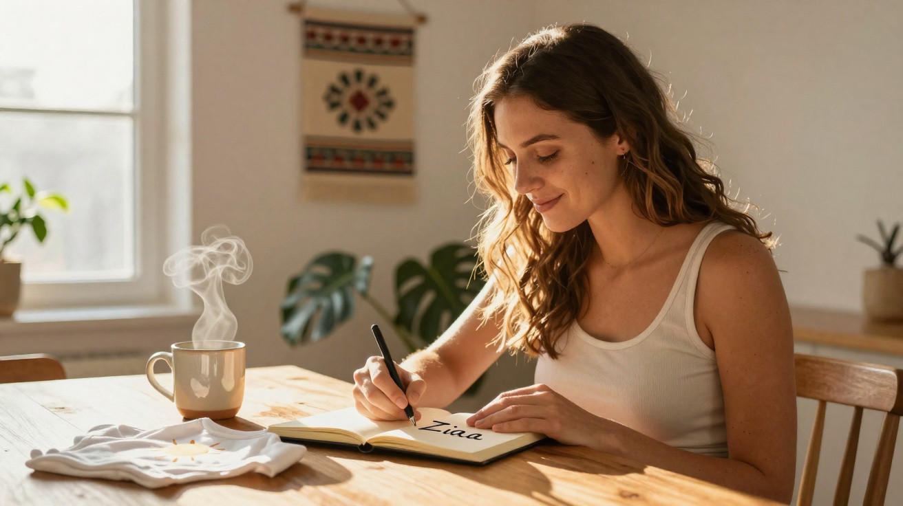 Mulher sorridente escrevendo em caderno enquanto está em mesa com xícara de café quente e vapor.