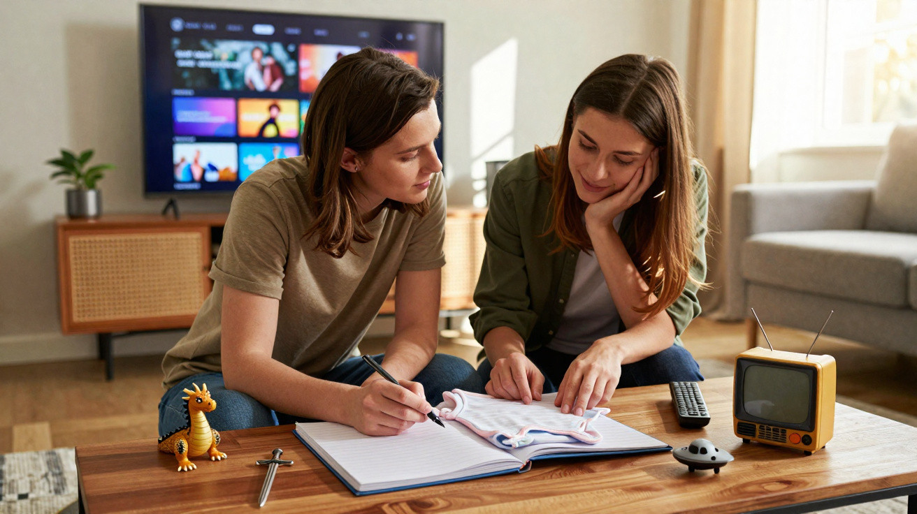 Duas mulheres sentadas em frente à TV, anotando em caderno aberto sobre a mesa de madeira clara.