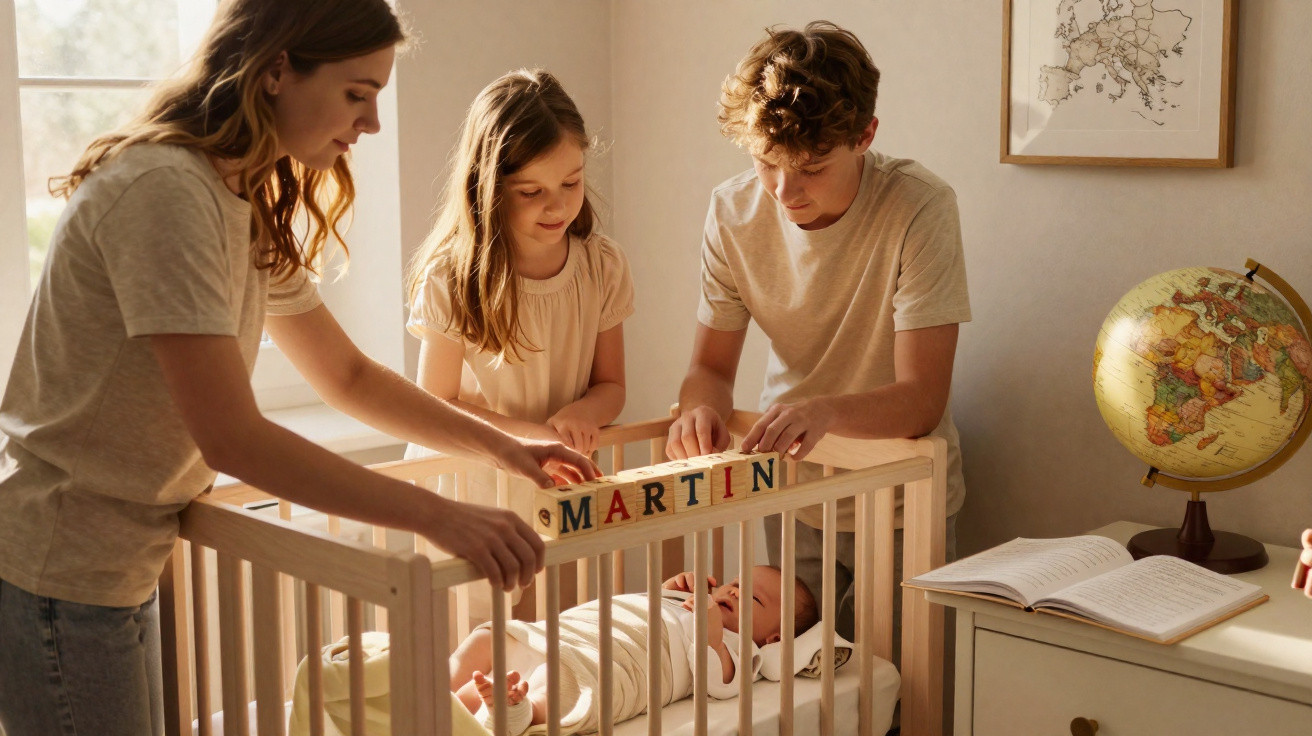 Família reunida ao redor de berço com bebê, segurando blocos coloridos que formam o nome Martin.