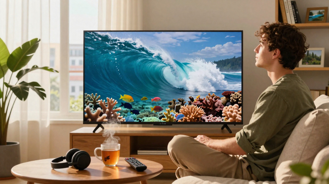 Jovem sentado no sofá assistindo a onda no mar em uma TV, com mesa à frente com chá, fones e controle remoto.