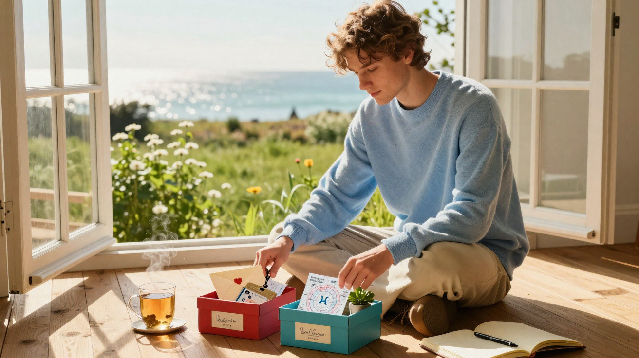 Jovem sentado no chão perto de janela aberta, com caixa de cartas, plantas e chá, vista para campo e mar ao fundo.