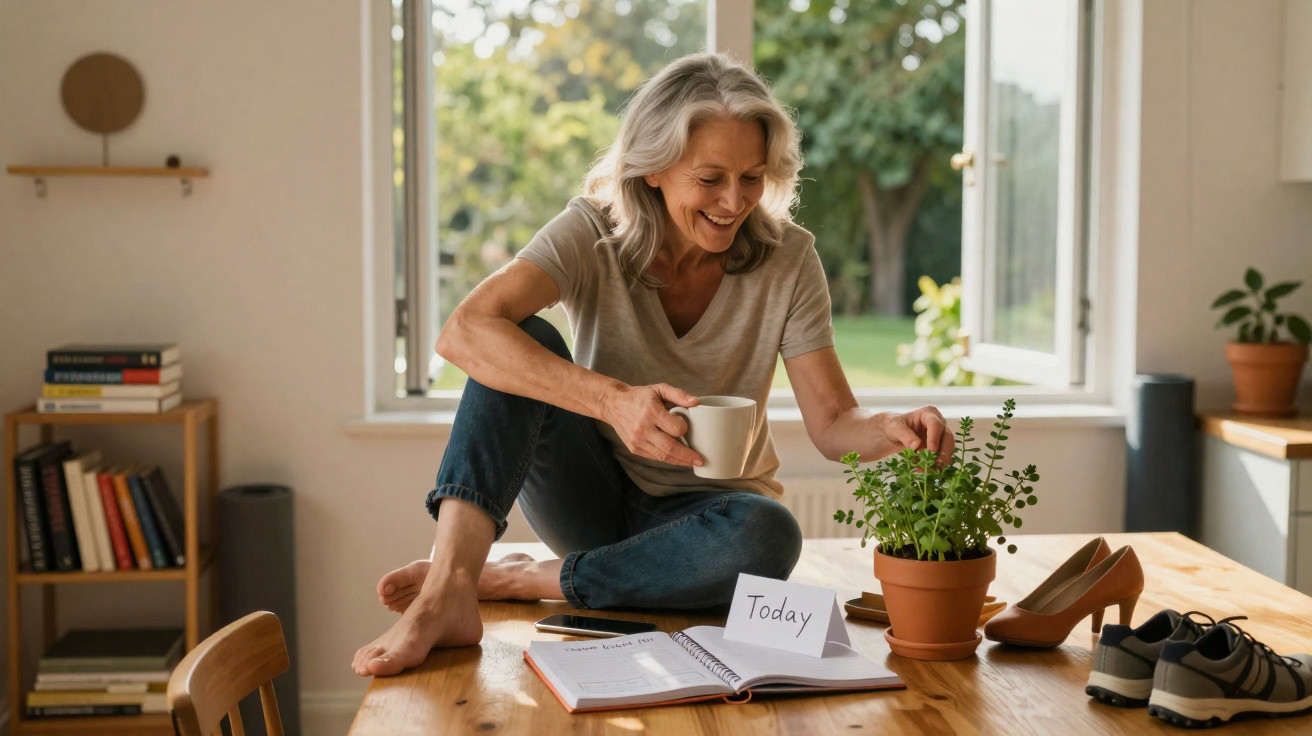 Mulher sorrindo, sentada à mesa cuidando de planta, com caneca, livros e calçados ao redor em ambiente iluminado.