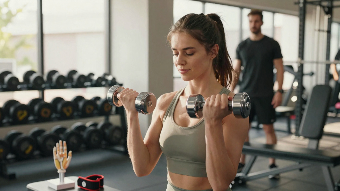 Mulher jovem fazendo exercícios com halteres em academia moderna com espelhos e equipamentos ao fundo.