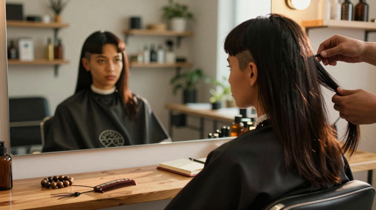 Mulher com cabelo meio raspado sentada em salão de beleza, sendo penteada na frente do espelho.