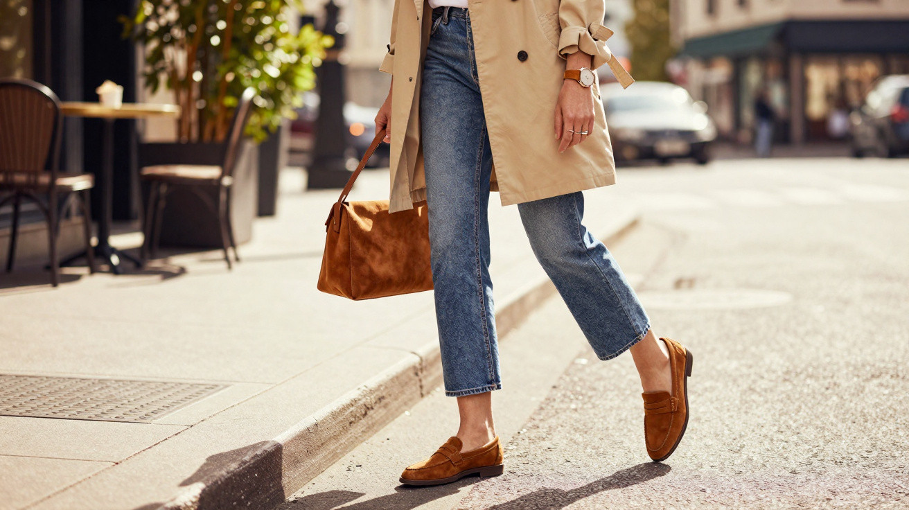 Pessoa caminhando na rua com jeans, trench coat bege, sapatos e bolsa marrom em dia ensolarado.