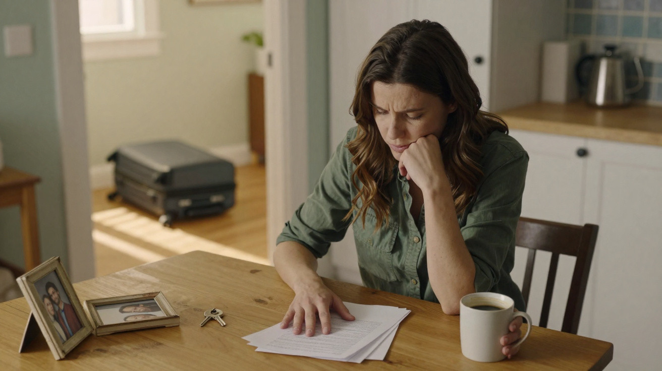 Mulher sentada à mesa lendo documentos, com expressão pensativa, segurando uma caneca de café.