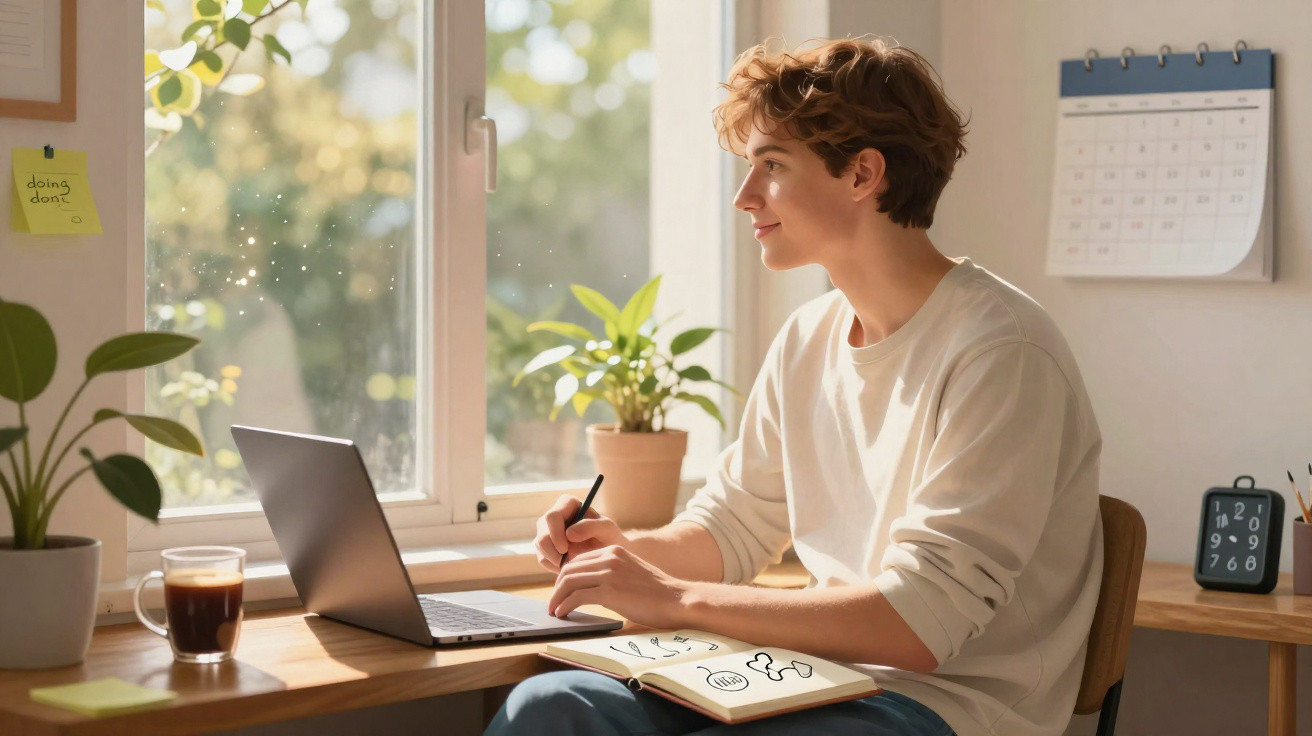 Pessoa jovem sentada à mesa, usando laptop e escrevendo, com plantas ao redor e luz natural entrando pela janela.