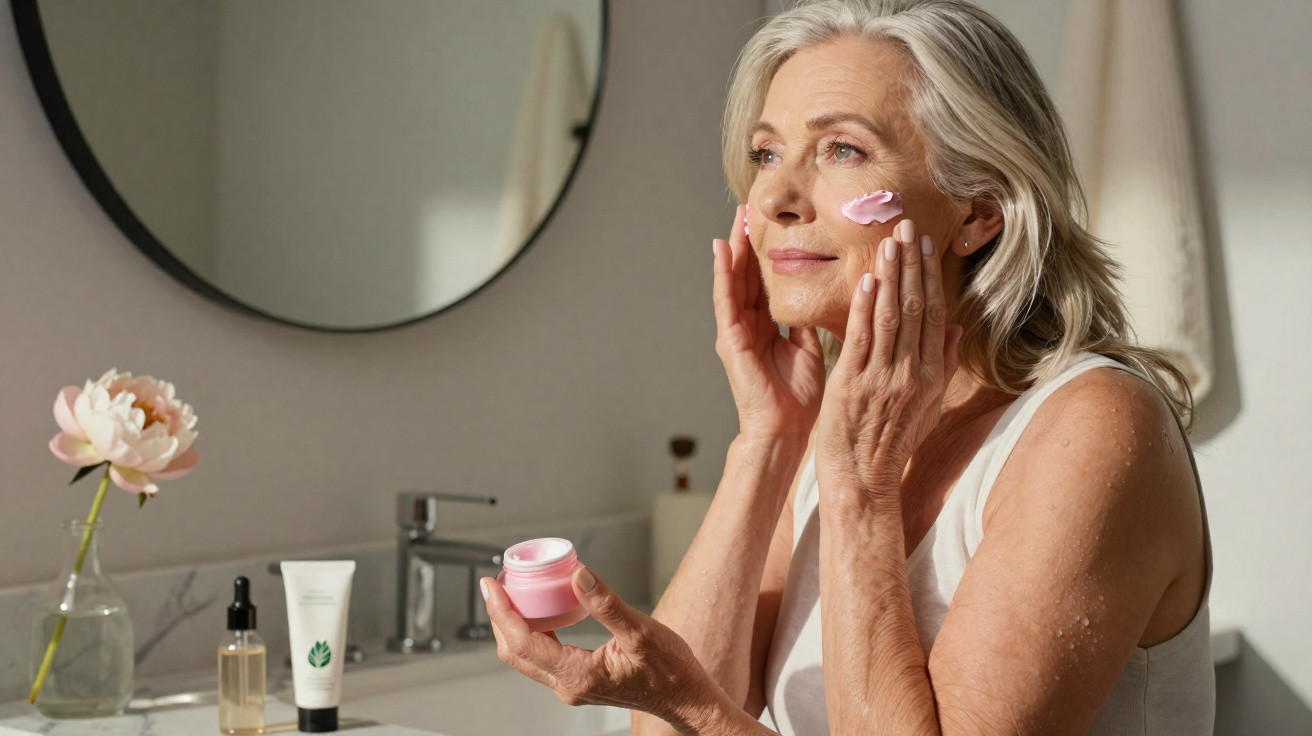 Mulher idosa aplicando creme facial rosa em casa, ao lado de produtos de skincare no banheiro.