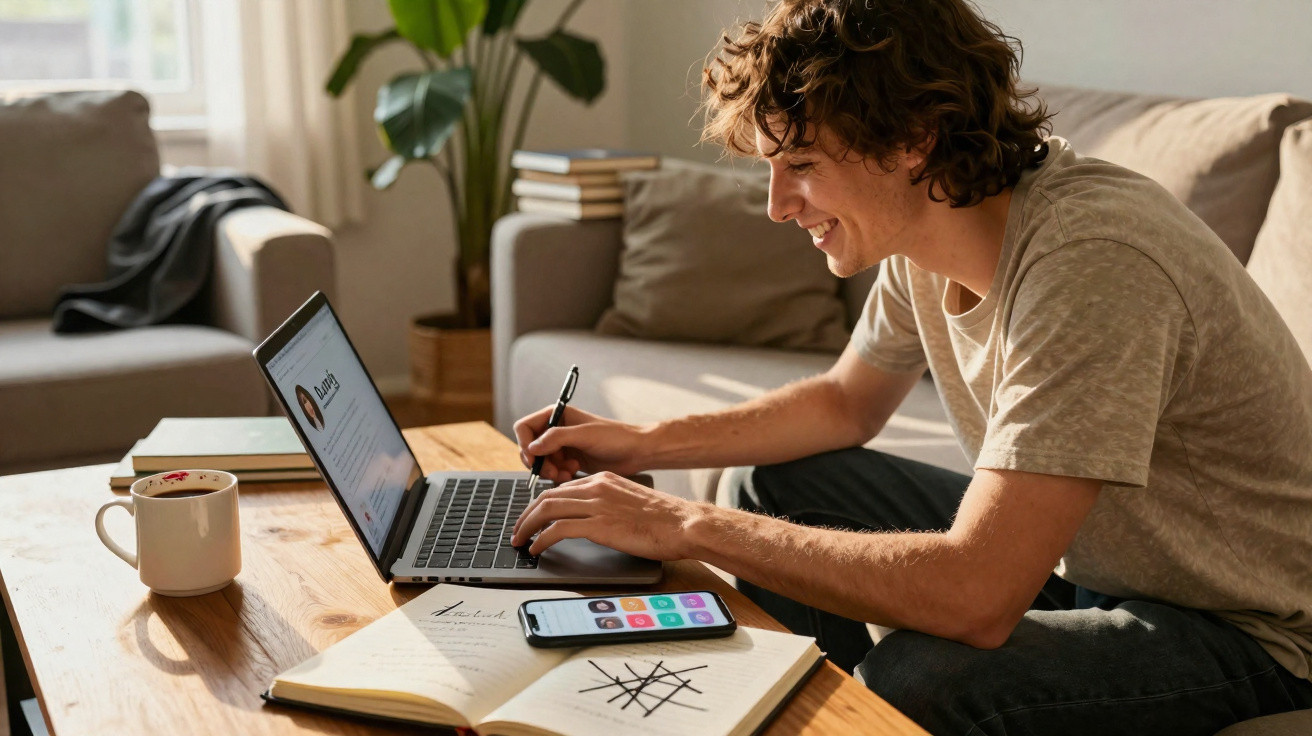 Jovem sorridente usando laptop e fazendo anotações em caderno junto a um celular e uma xícara em uma mesa.