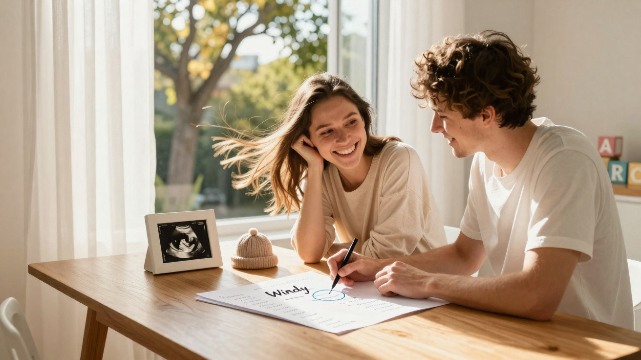 Casal jovem feliz sentado à mesa, olhando para ultrassom de bebê e escrevendo em papel grande.
