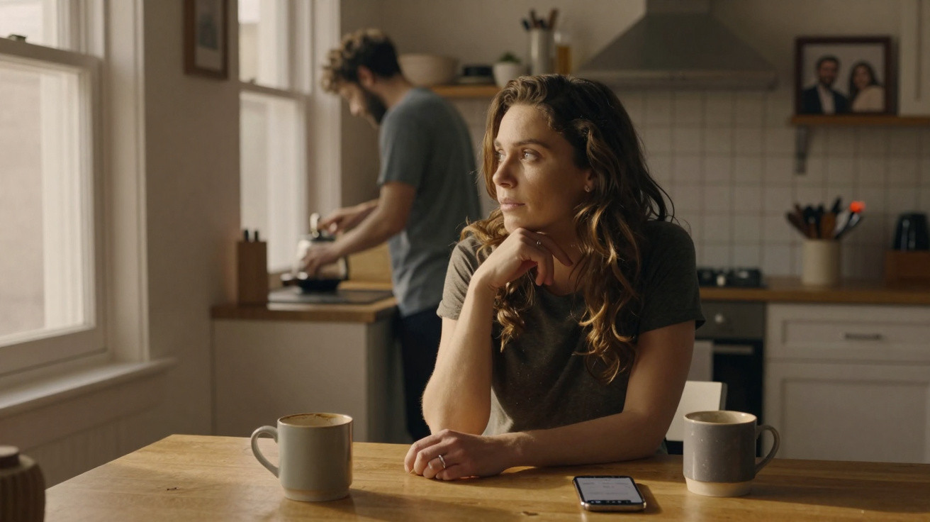 Mulher pensativa sentada à mesa com celular e canecas, enquanto homem prepara comida na cozinha ao fundo.
