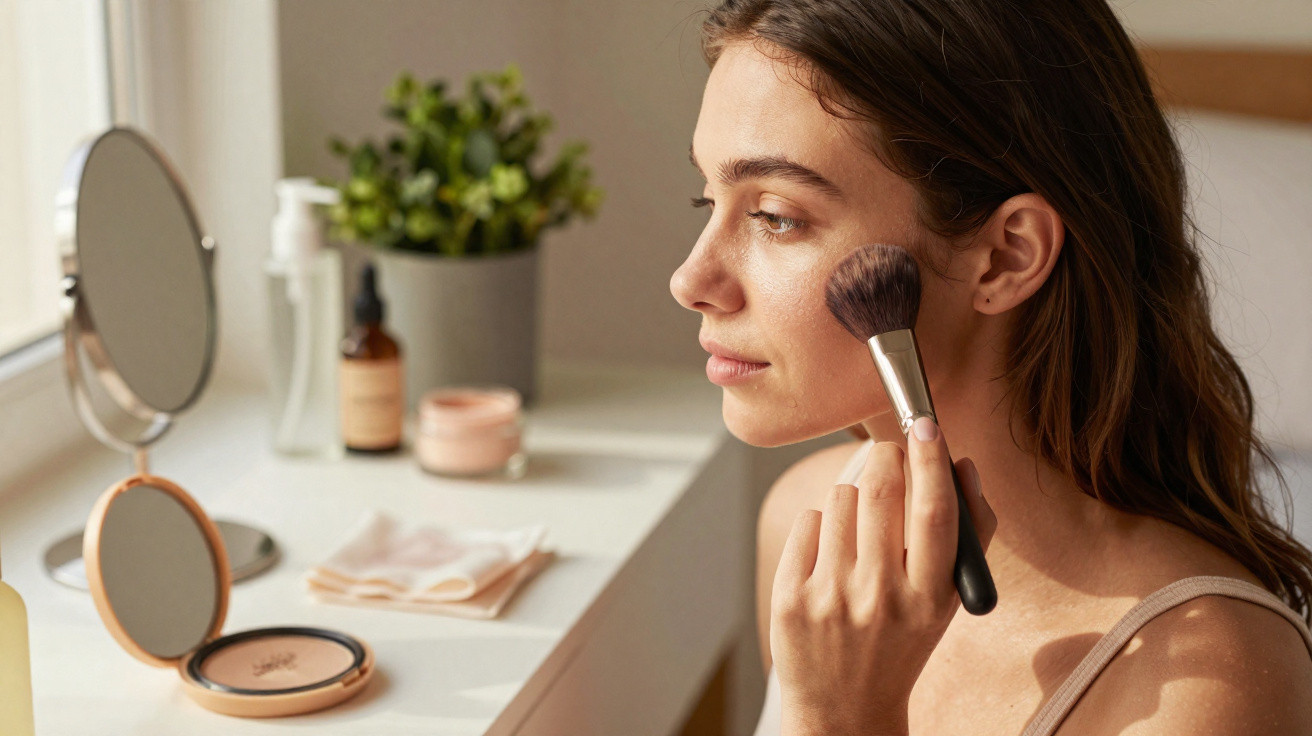 Mulher aplica maquiagem com pincel no rosto sentada perto de mesa com espelhos e cosméticos.