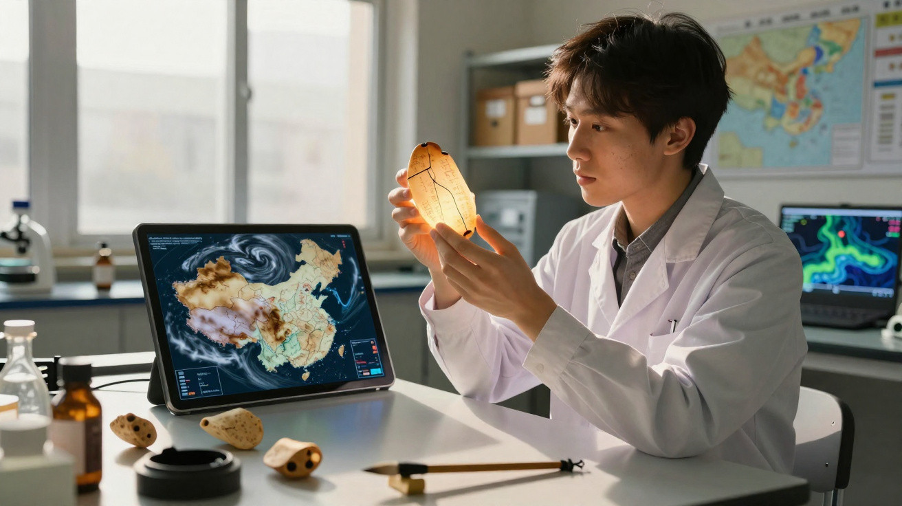 Jovem cientista em laboratório analisando fóssil iluminado com mapas digitais ao fundo.