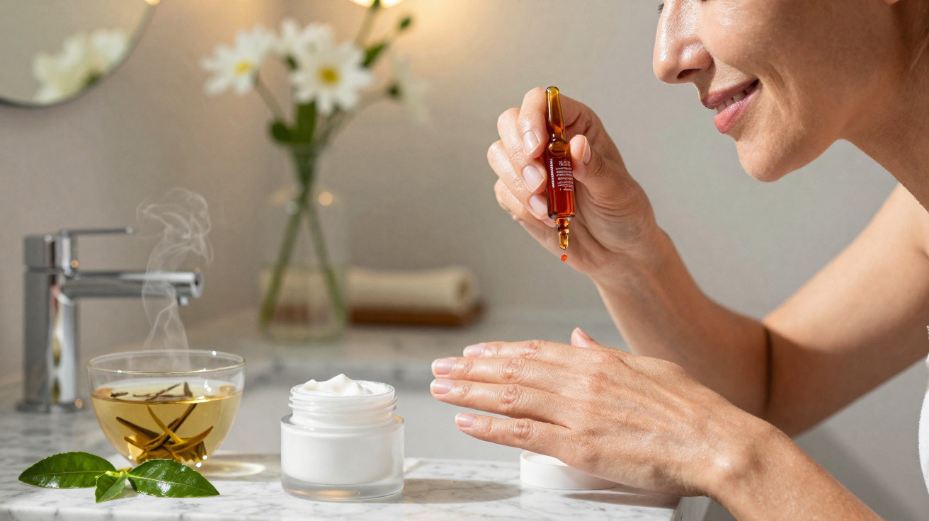 Mulher aplicando sérum na mão com creme facial, chá quente e flores em ambiente de banheiro.