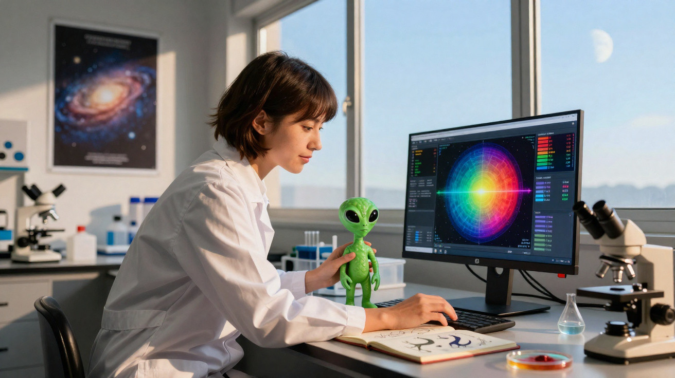 Cientista em laboratório segurando boneco alienígena enquanto analisa gráficos coloridos no computador.