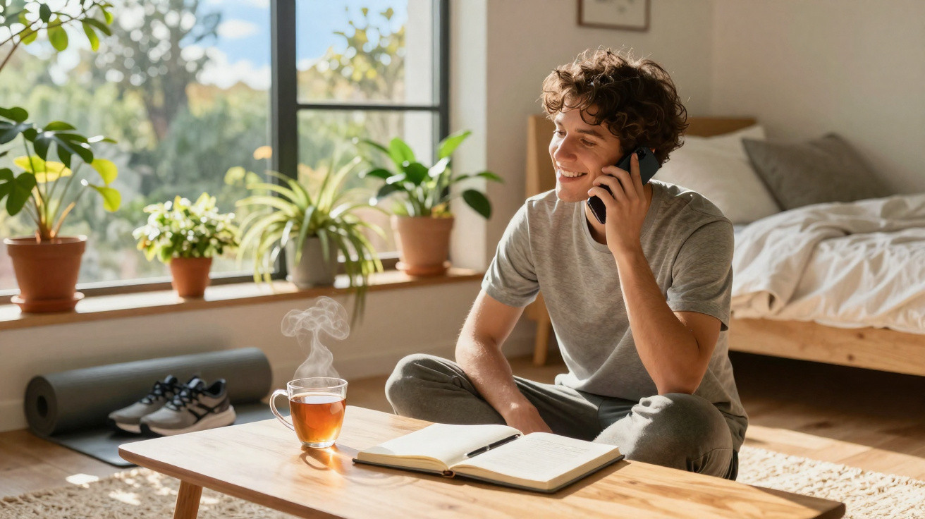 Homem sorrindo ao telefone sentado no chão, com caderno aberto e xícara de chá na mesa à frente.