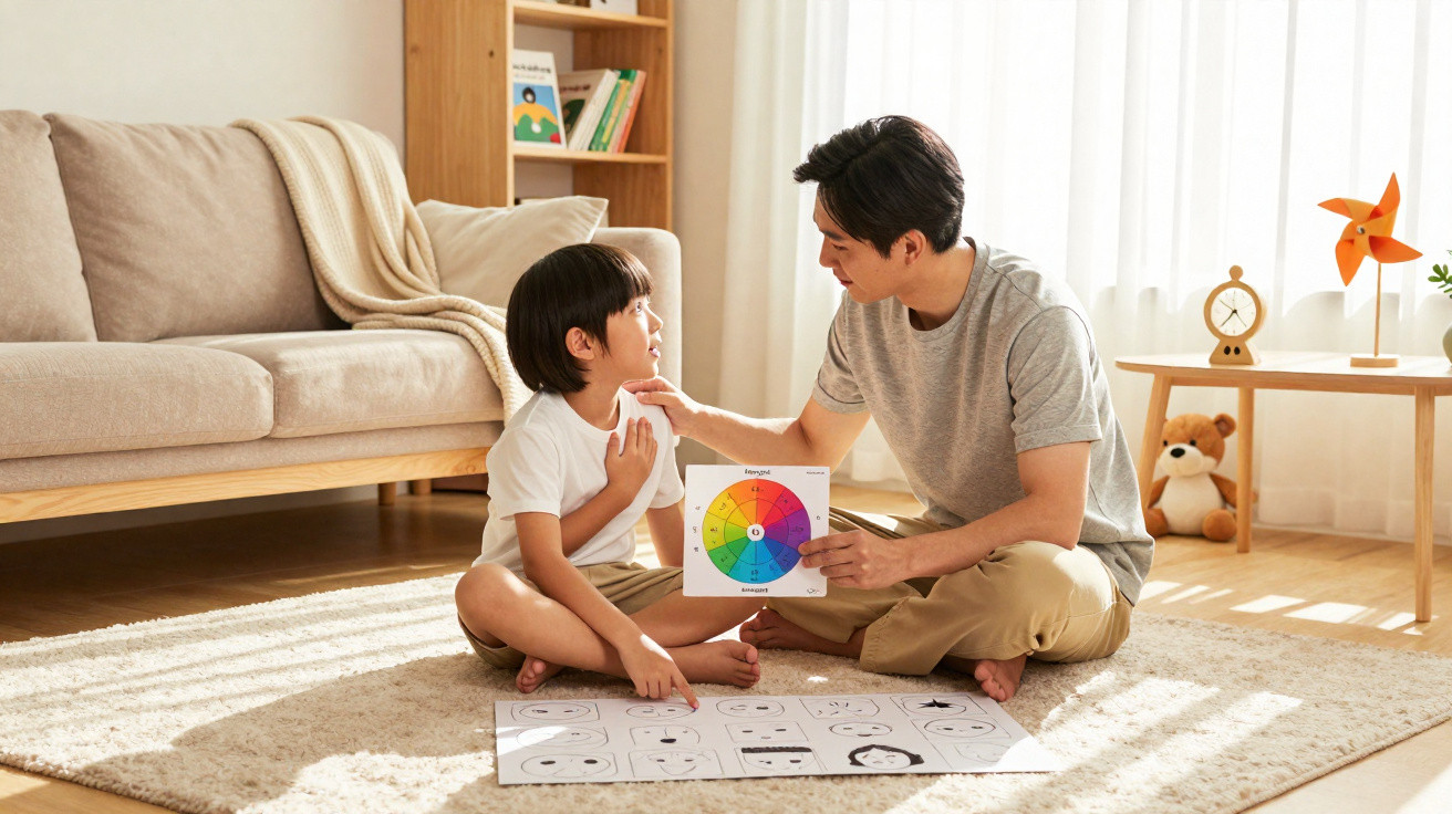 Pai e filho sentados no tapete da sala aprendendo sobre emoções com desenhos e uma roda de cores.