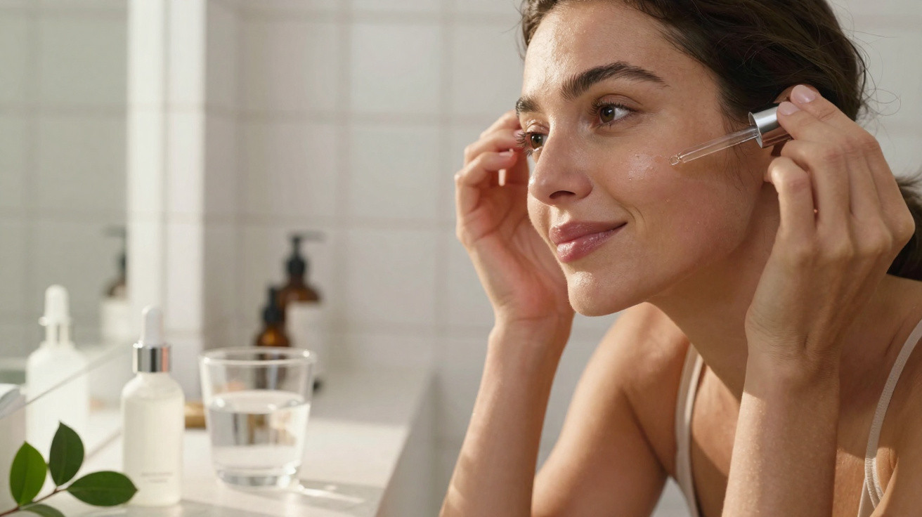 Mulher aplicando sérum facial em pele no banheiro com frascos e copo d'água no balcão.