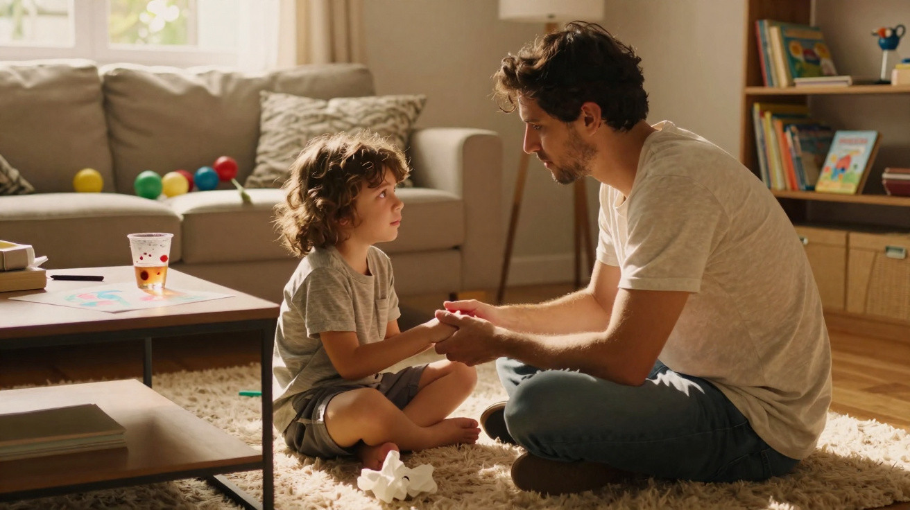 Pai e filho sentados no tapete da sala conversando de mãos dadas em ambiente acolhedor.