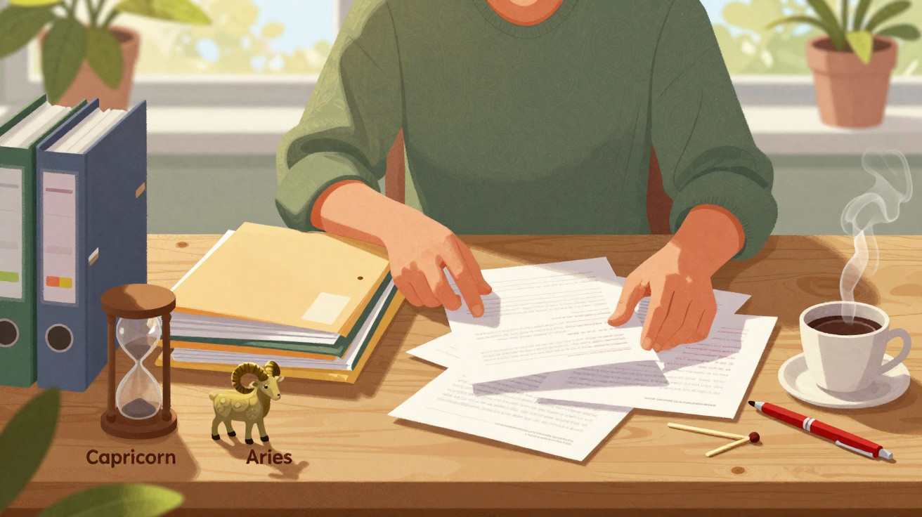 Pessoa organizando documentos em mesa com xícara de café, ampulheta e miniaturas de signos Capricórnio e Áries.