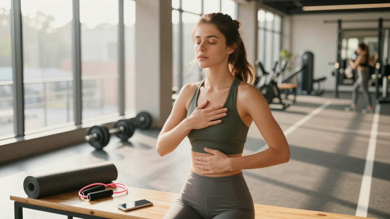 Mulher em roupa esportiva fazendo exercício de respiração sentada em banco de academia iluminada.