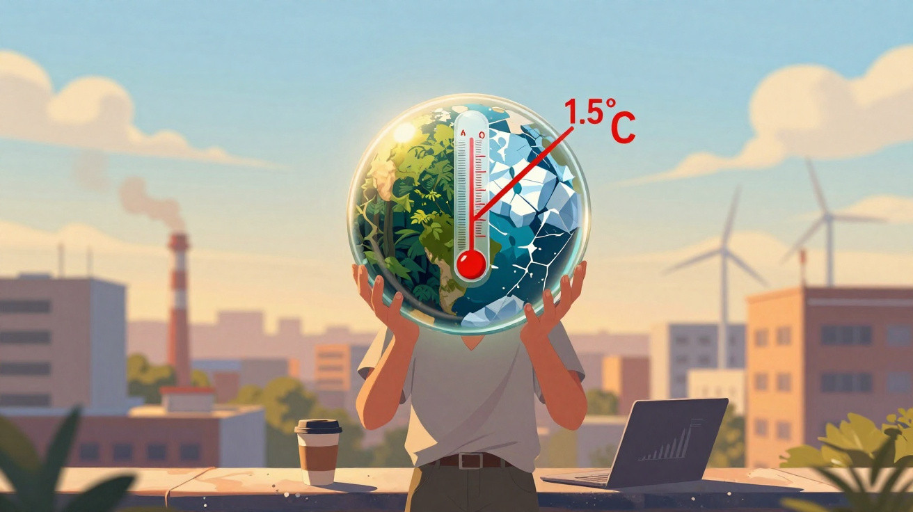 Pessoa segurando globo terrestre dividido entre floresta e gelo com termômetro marcando 1,5°C na cidade.
