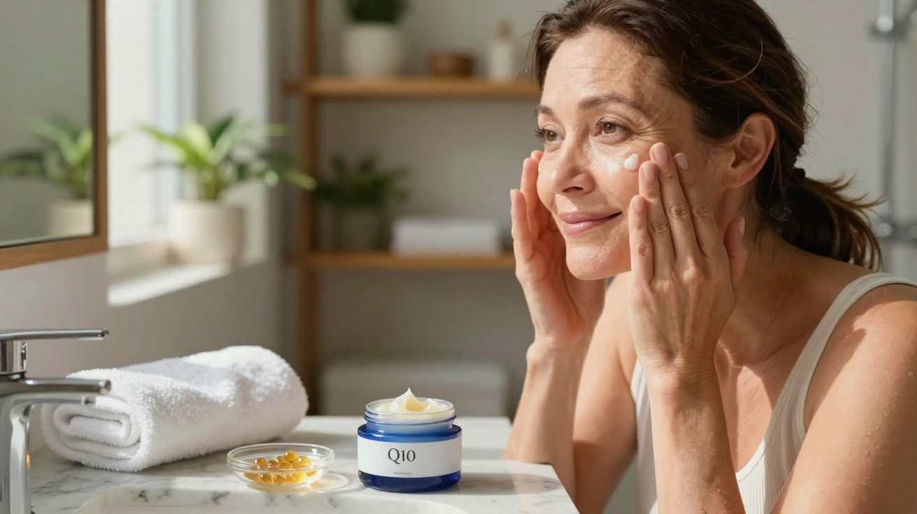 Mulher aplicando creme facial em frente ao espelho com frasco de creme Q10 na bancada.