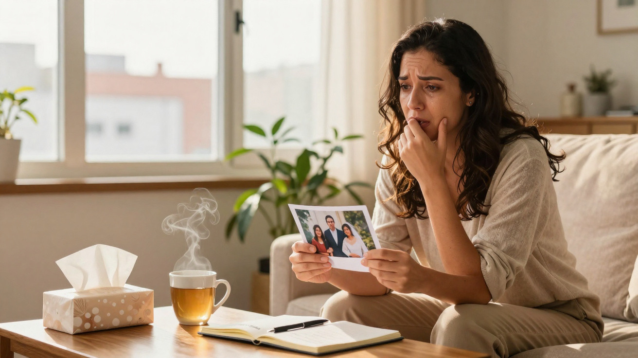 Mulher triste segurando foto de família, sentada no sofá com lenços e chá na mesa.