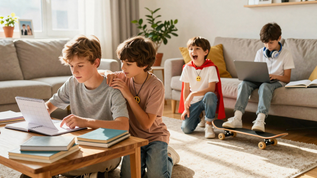 Quatro meninos em uma sala, dois estudando, um brincando de super-herói e outro usando laptop no sofá.