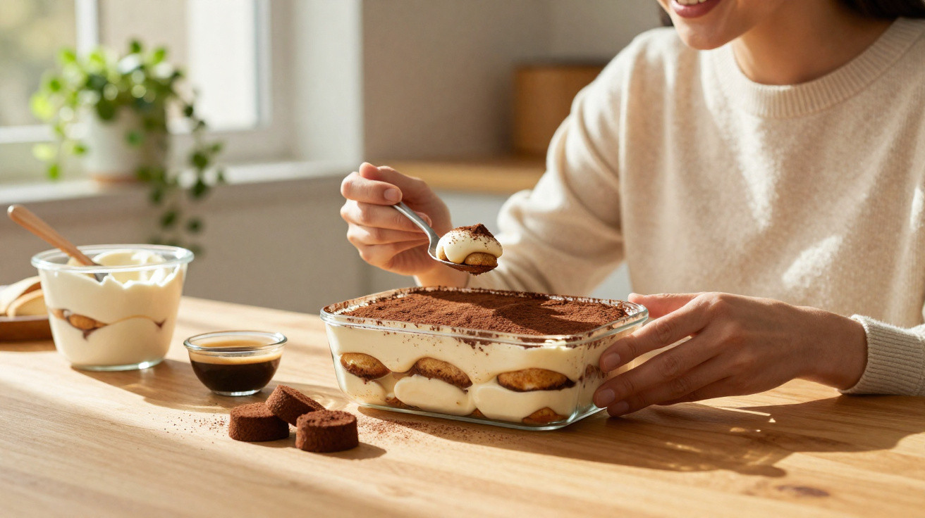 Pessoa sorrindo segurando colher com pedaço de tiramisu em recipiente de vidro sobre mesa de madeira.