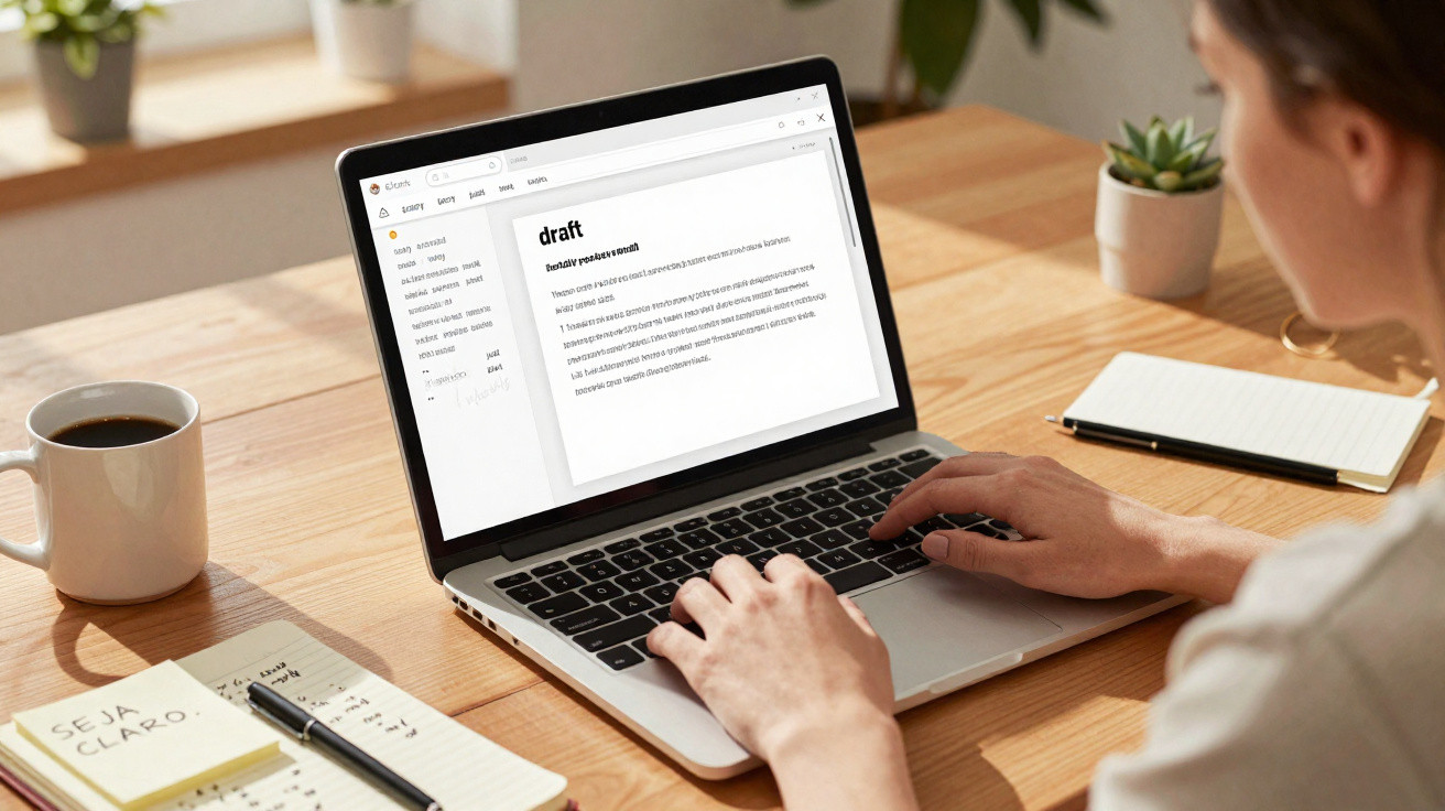 Pessoa digitando em laptop em mesa de madeira com café, plantas e bloco de notas.