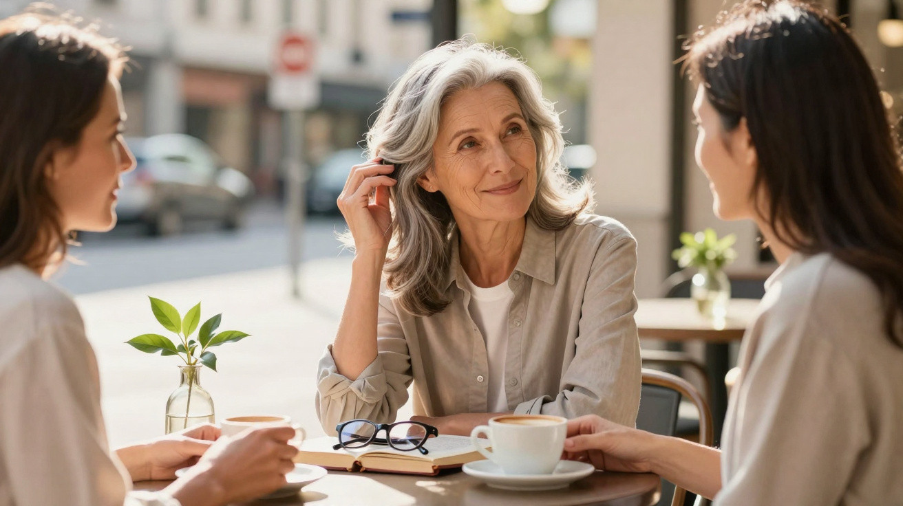 Três mulheres conversando e tomando café em uma mesa ao ar livre em dia ensolarado.